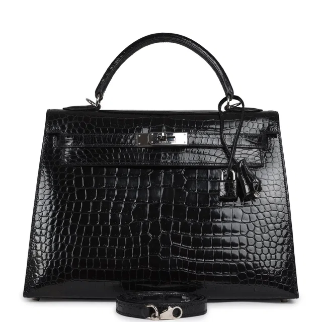 Hermès Vintage Kelly Sellier 32 Black Shiny Porosus Crocodile Palladium Hardware in Black Crocodile from Madison Avenue Couture