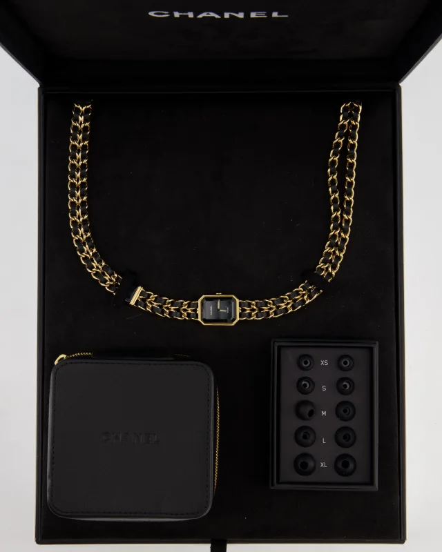 Chanel Premiere Sound Black and Gold Earphones and Watch Chain Necklace Set in Black Leather from Sellier, photo 5 of 9