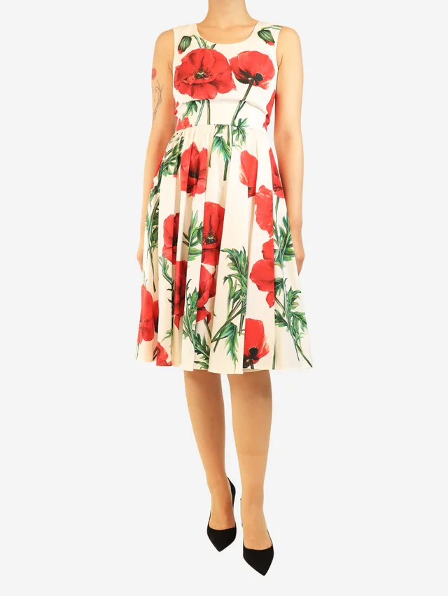 Dolce & Gabbana White and red floral printed midi dress - size UK 8 in White from Sign of the Times