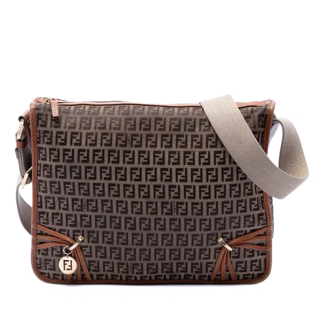 Beige Fendi Zucchino Canvas F Charm Crossbody in Beige Canvas from Designer Revival