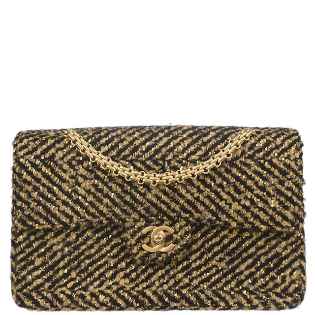 Chanel 2000-2002 Black Gold Tweed Single Flap Shoulder Bag in Black Tweed from AMORE Vintage Tokyo