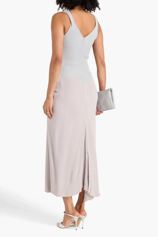 Victoria Beckham Draped Ribbed-Knit and Crepe Maxi Dress in Stone, photo 3 of 4 from THE OUTNET