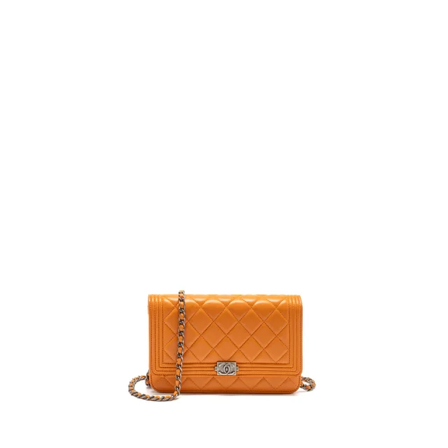 Chanel boy wallet on chain lambskin orange ruthenium silver hardware in Orange Lambskin from EMIER