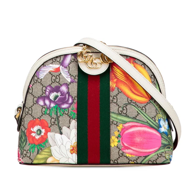 Brown Gucci Small GG Supreme Flora Ophidia Dome Crossbody in Brown Coated canvas from Designer Revival