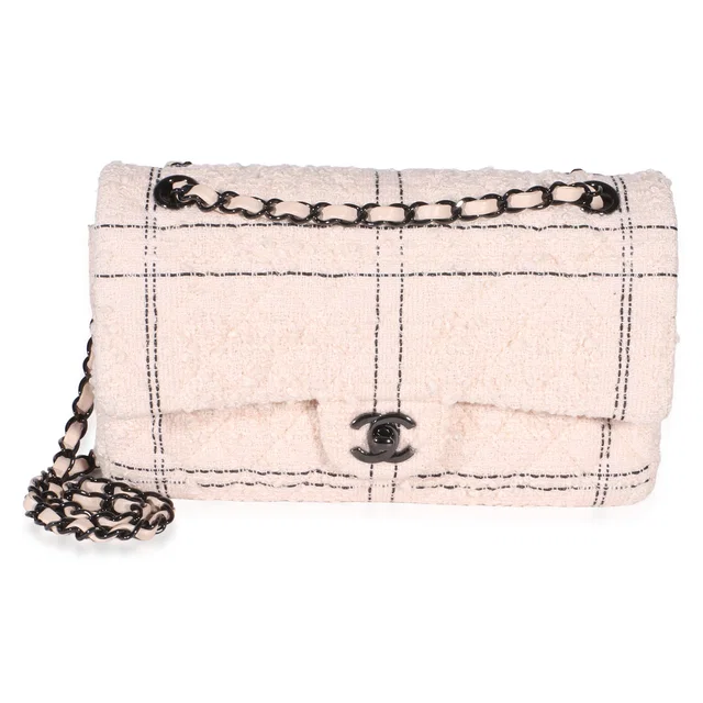 Chanel Light Pink Multicolor Quilted Tweed Medium Double Flap Bag in Pink Tweed from myGemma