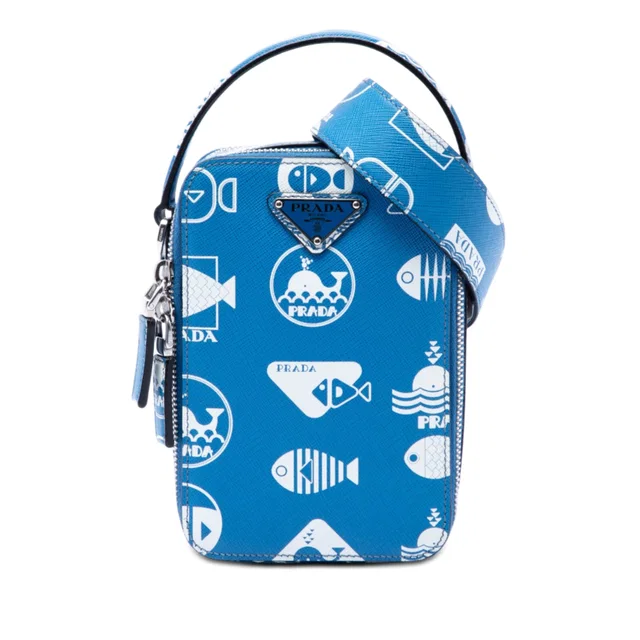 Blue Prada Saffiano Whale Brique Vertical Crossbody Satchel in Blue Saffiano leather from Designer Revival