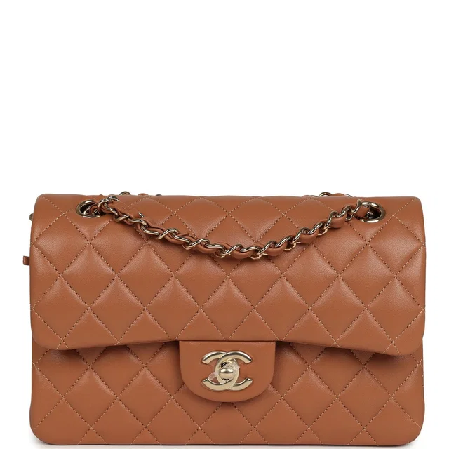 Chanel Small Classic Double Flap Bag Caramel Lambskin Light Gold Hardware in Lambskin from Madison Avenue Couture