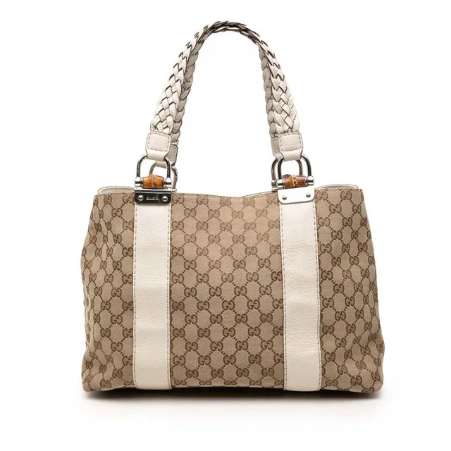 Beige Gucci Medium GG Canvas Bamboo Libeccio Tote in Beige Canvas from Designer Revival