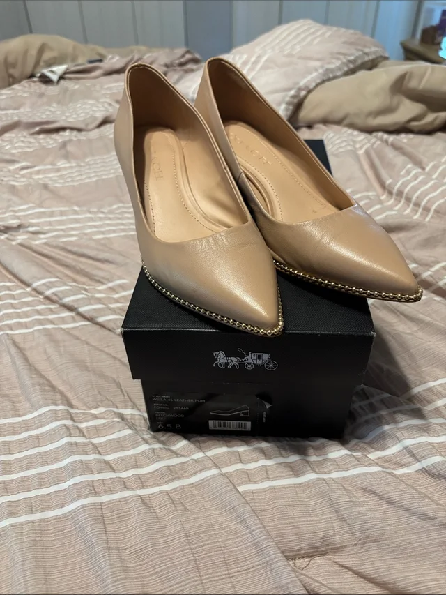 Coach Willa Women's Nude Leather Pointed-Toe Flats With Gold Stud Edge in neutral|gold|brown Leather from Poshmark