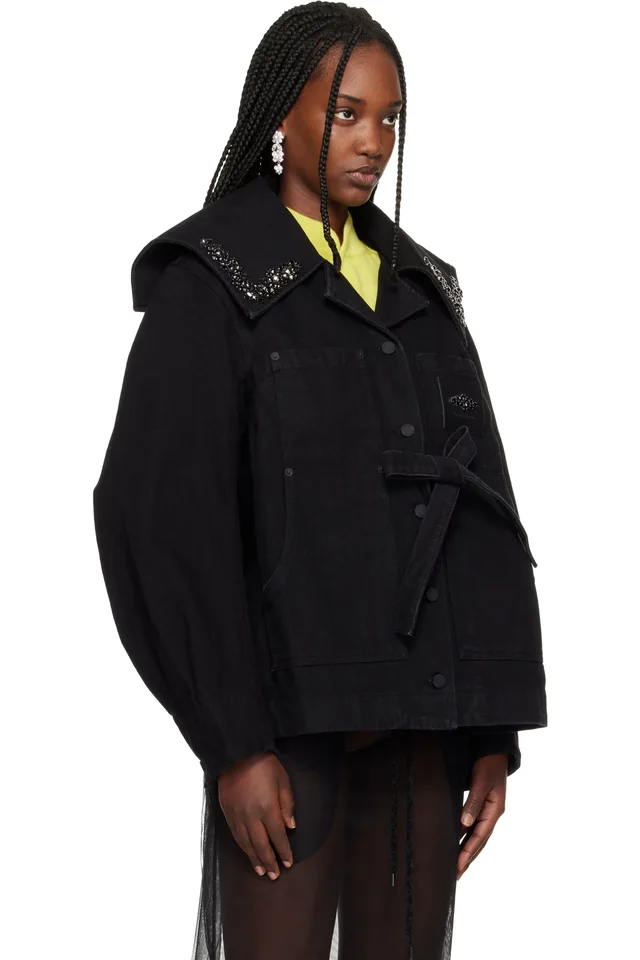 Simone Rocha Black Sailor Collar Workwear Bow Denim Jacket, photo 2 of 4 from SSENSE