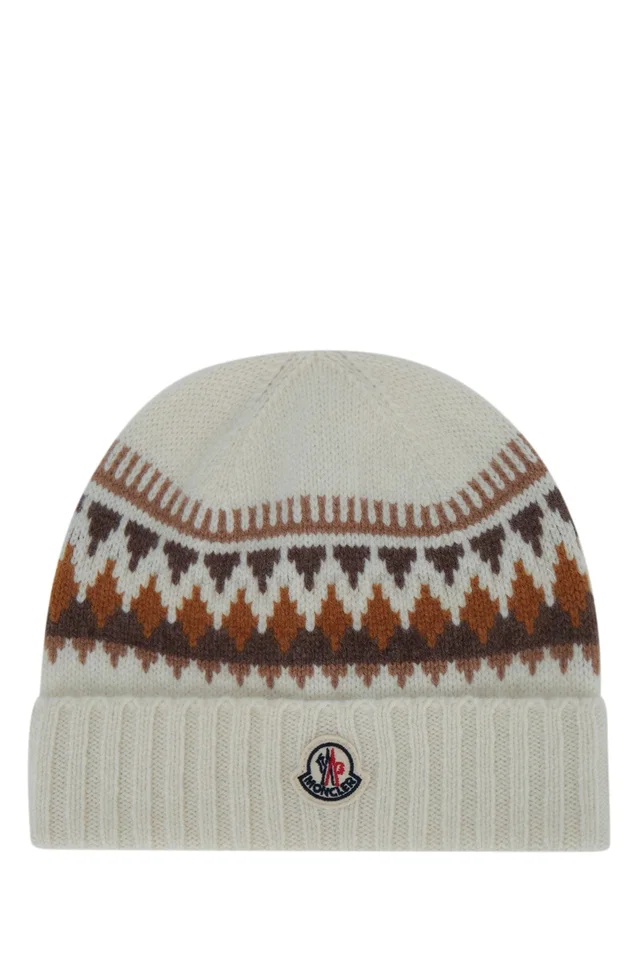 Moncler Hat Fair Isle Knit Beanie — Beige Beanies in Beige Wool from HEWI