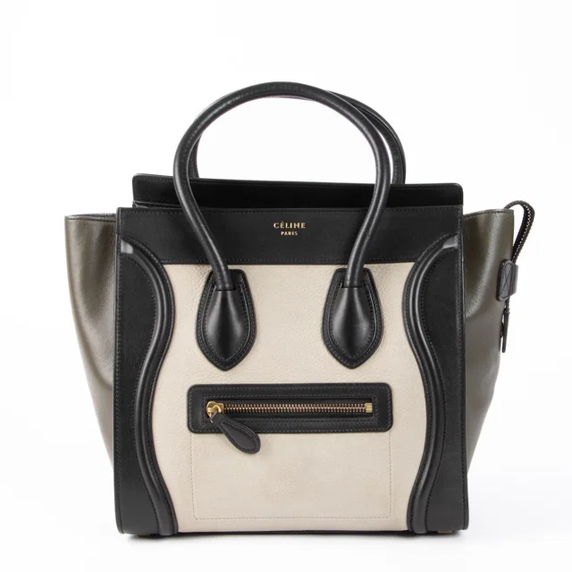Celine Black And Beige Micro Luggage Top Handle Bag in Black Leather from Labellov