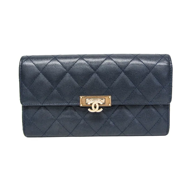 Chanel Matelasse Coco Rock A80768 Women's Grained Calfskin Long Wallet (bi-fold) Navy in Navy Grained Calfskin from Elady