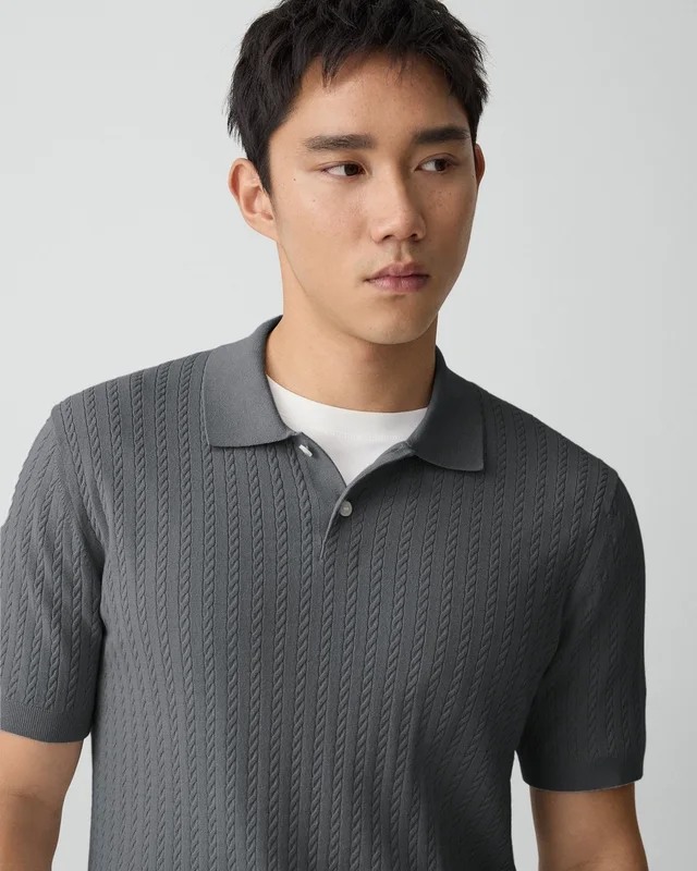 Theory Soris Cable-Knit Polo Shirt in Light Bilen in MEDIUM GREY 62% Viscose, 38% Polyester; Exclusive Of Elastic, photo 11 of 12 from Theory