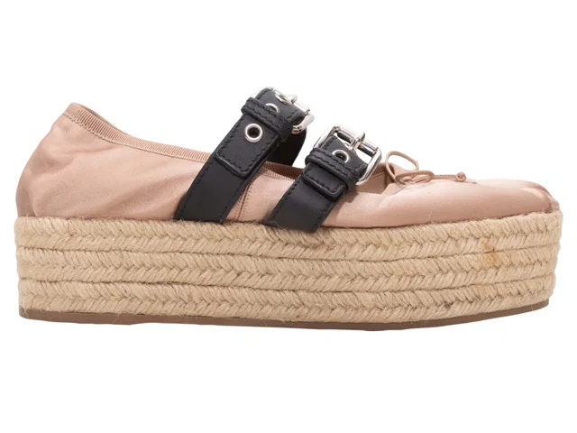 Miu Miu Light Pink & Black Miu Platform Mary Jane Espadrilles Size 38.5 in Black Satin from Designer Revival