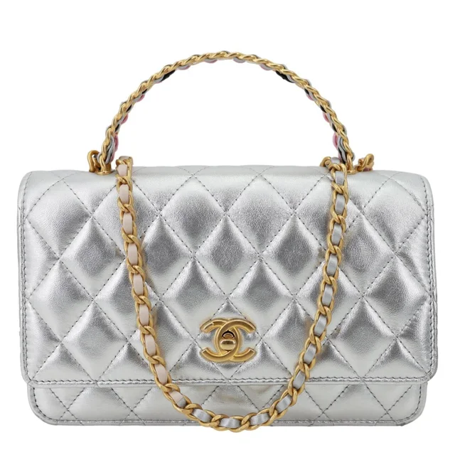 Chanel WOC Calfskin Leather Top Handle Crossbody Bag Metallic Silver in Silver Calfskin from Dallas Designer Handbags