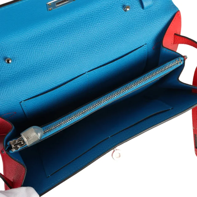 Hermès Kelly Wallet To Go Casaque Rouge De Coeur, Rose Extreme, Bleu Zanzibar Epsom Palladium Hardware in Red Epsom leather from Madison Avenue Couture, photo 7 of 9