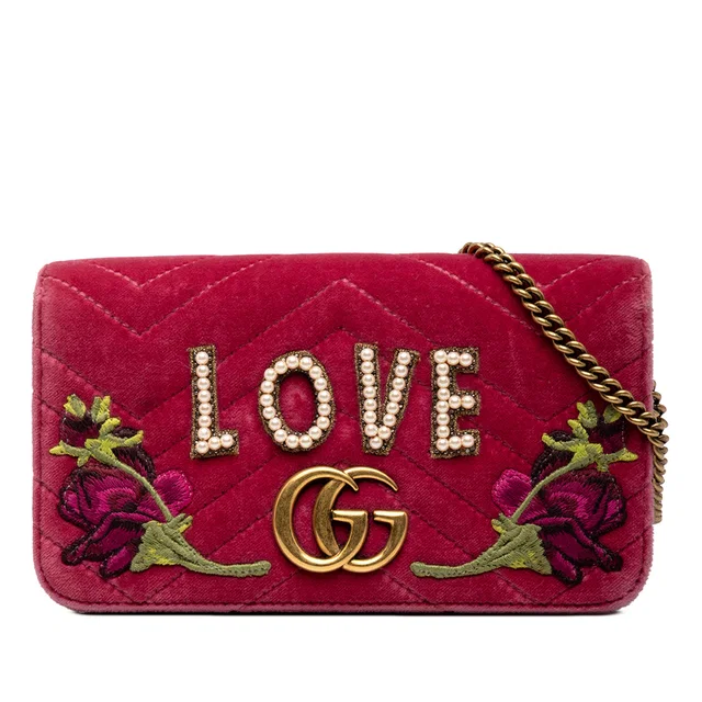 Pink Gucci Mini GG Marmont Embroidered Matelasse Velvet Love Wallet On Chain Crossbody Bag in Pink Velvet from Designer Revival