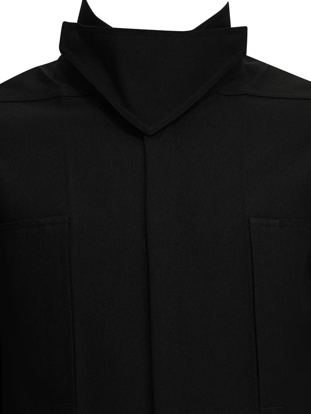 Rick Owens FW26 TOWER RUNWAY OUTERSHIRT IN BLACK WOOL WHIPCORD AND WAXY LAMB LEATHER, photo 3 of 4 from SENSER