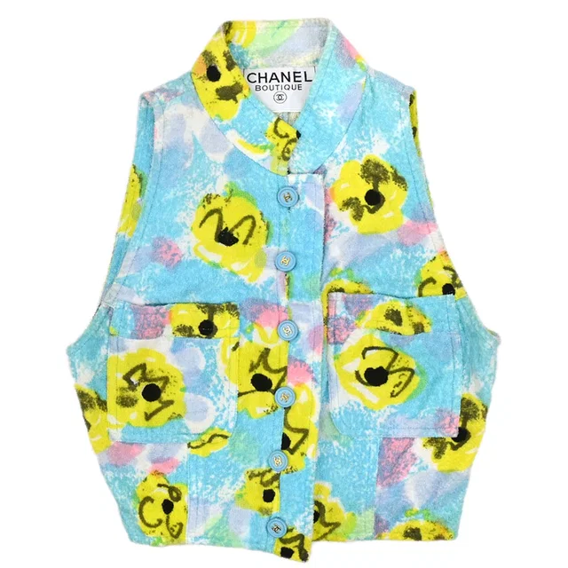 Chanel Flower Pattern Sleeveless Vest Jacket Light Blue Cotton in Blue from AMORE Vintage Tokyo