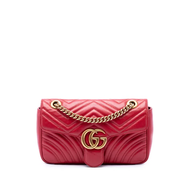 Red Gucci Medium GG Marmont Matelasse Calfskin Shoulder Bag in Red Calfskin from Designer Revival