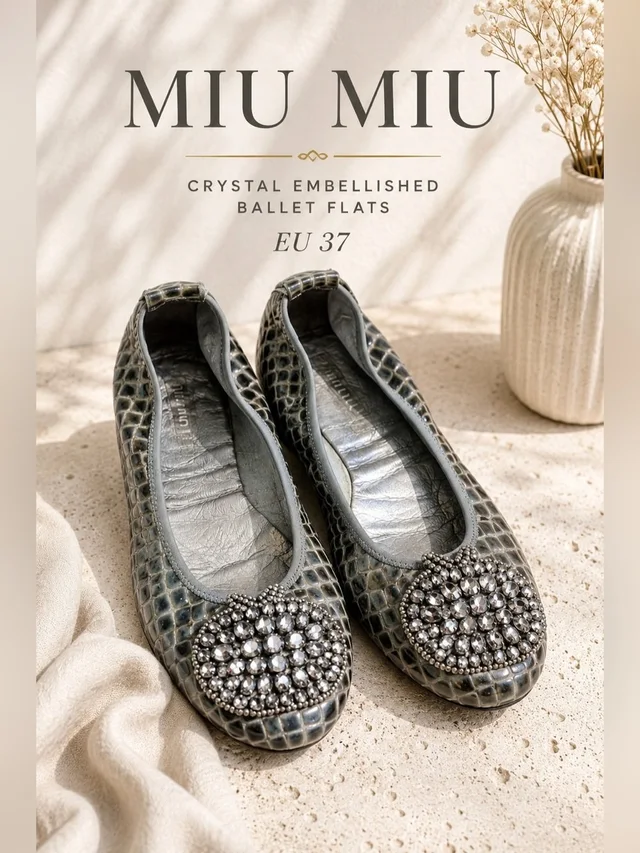 Miu Miu Crystal Embellished Croc-Embossed Ballet Flats Silver Gray Leather Eu 37 in silver|gray Crocodile from Poshmark
