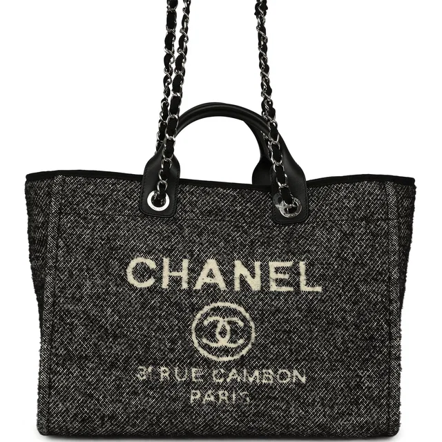 Chanel Medium Deauville Shopping Tote Black, White Wool, Leather Silver Hardware in Black Wool from Madison Avenue Couture