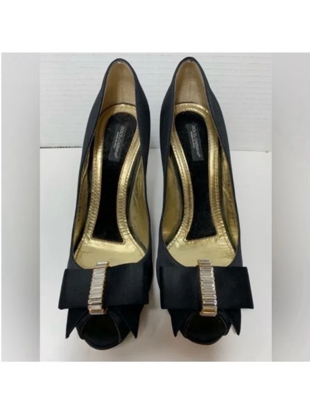 Dolce & Gabbana Black Satin Peep-Toe Pumps With Gold Lining And Crystal Bow in gold|black Satin from Poshmark