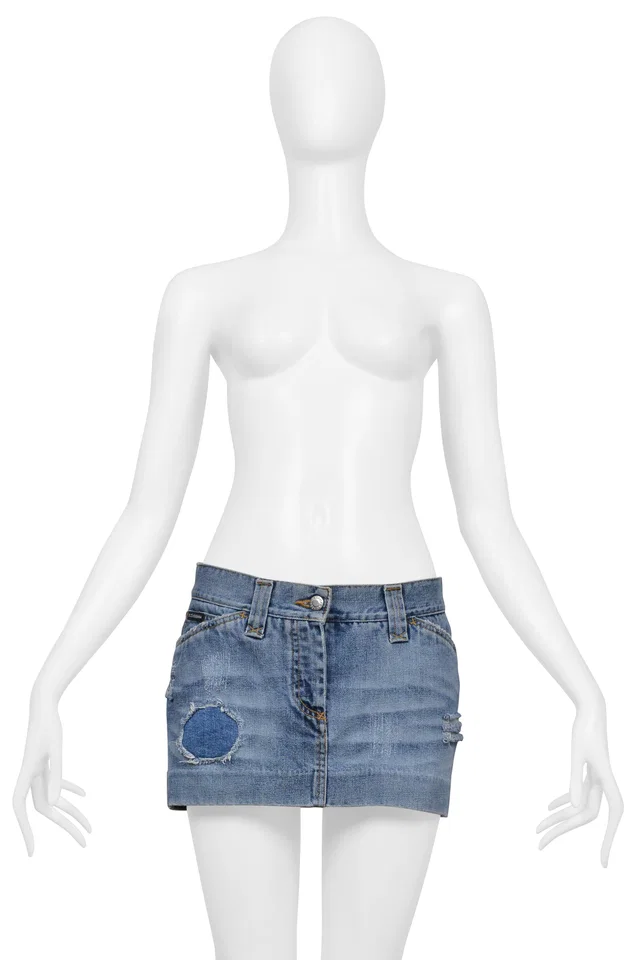 Dolce & Gabbana Blue Denim Wash Distressed Super-mini Skirt With Rhinestones in Blue Denim from Resurrection Vintage