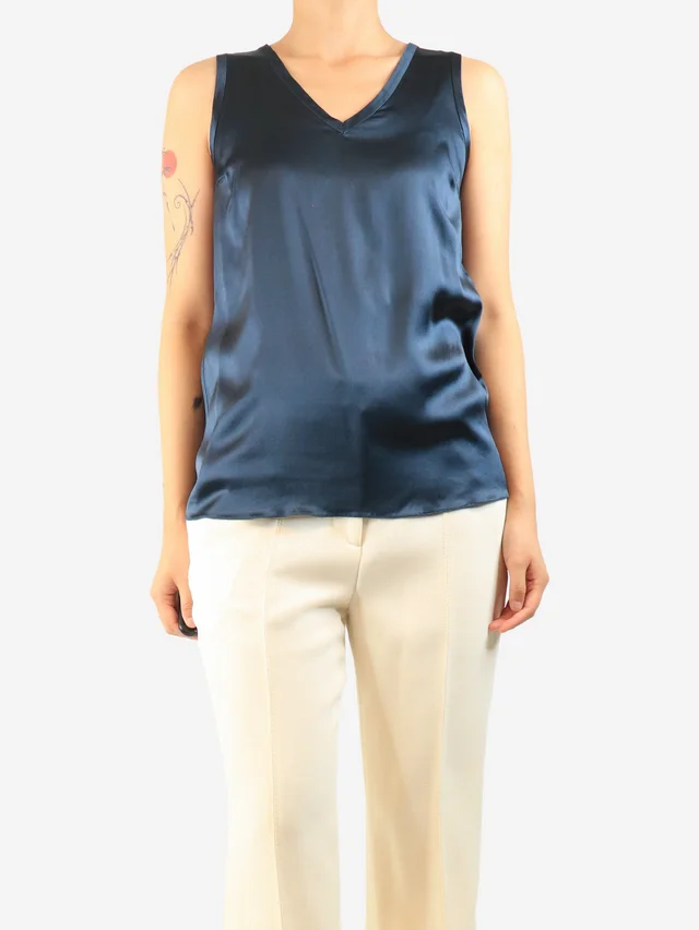 Brunello Cucinelli Midnight blue sleeveless satin top - size S in Navy Satin from Sign of the Times