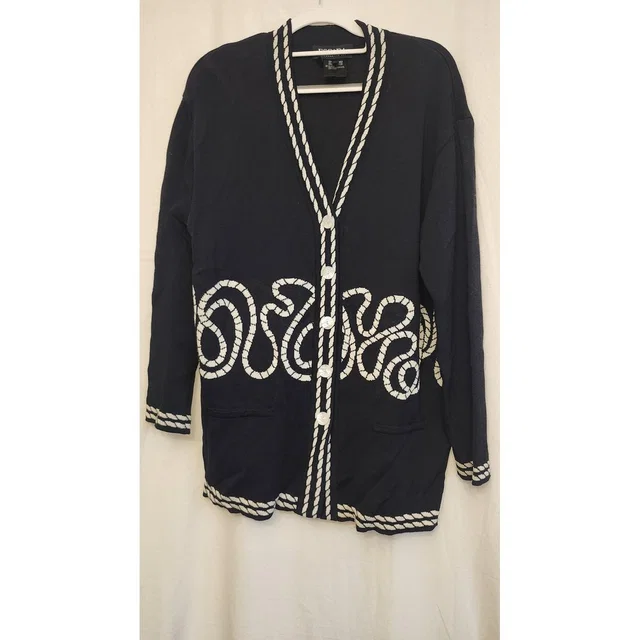 Escada Vintage Margaretha Ley Sweater Womens 36 Navy Rope Print Cardigan 80s in blue Wool from Poshmark