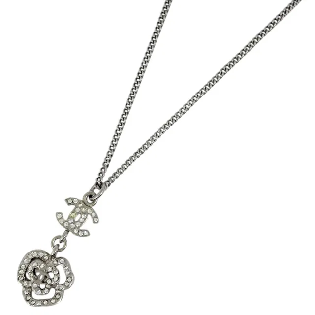 Chanel Necklace CC Logo Camellia Silver Plated Rhinestone in Silver from The Reluxe