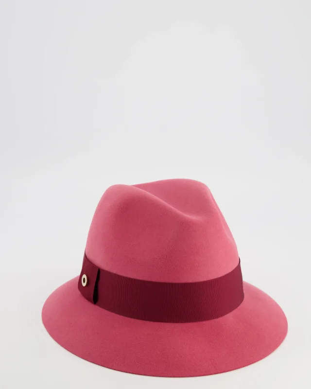 Loro Piana Hot Pink Baby Cashfelt Hat with Burgundy Ribbon and Champagne Gold Logo Detail Size S in Burgundy Cashmere from Sellier, photo 7 of 10