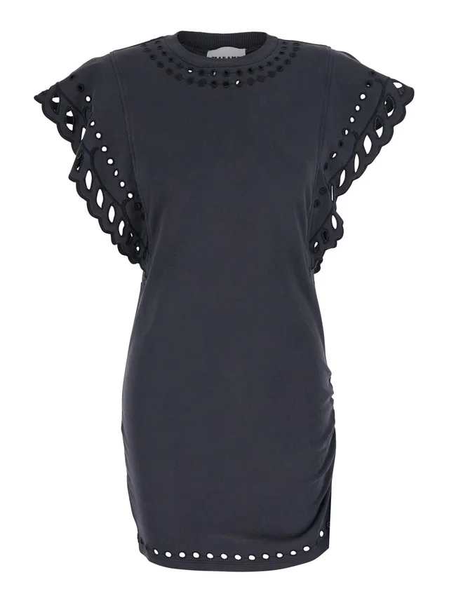 MARANT ETOILE 'Orlane' black dress with Round Neck and Sangallo Details in Cotton for Women in Black, photo 2 of 6 from Gaudenzi Boutique