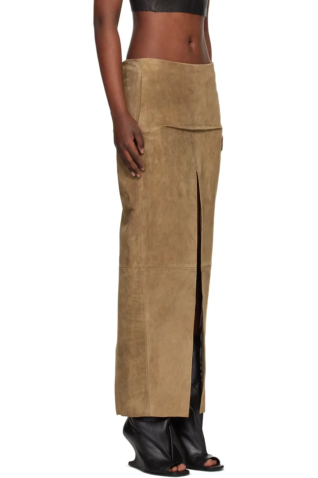Rick Owens Tan Temple Sliced Suede Midi Skirt, photo 2 of 4 from SSENSE