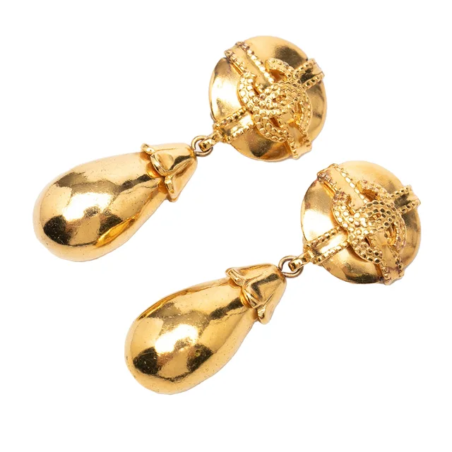 Gold Chanel CC Gold Plated Dangle Clip On Earrings in Gold from Designer Revival