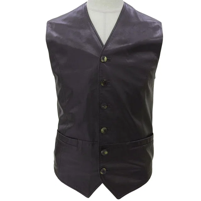 Ferragamo Leather Logo Button Vest Brown in Brown Leather from VINTAGE QOO TOKYO