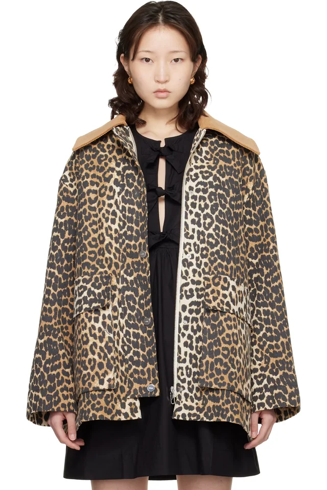 GANNI Beige Leopard Printed Canvas Midi Jacket from SSENSE, photo 1 of 1