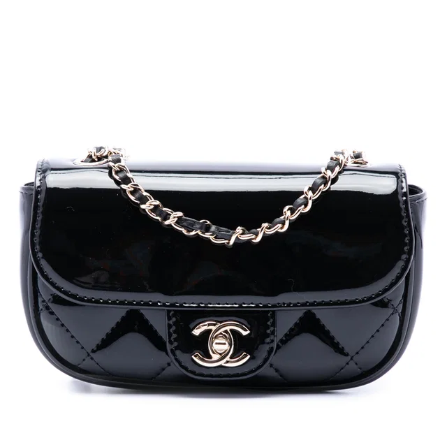 Black Chanel Mini CC Quilted Patent Single Flap Crossbody Bag in Black Patent leather from Designer Revival