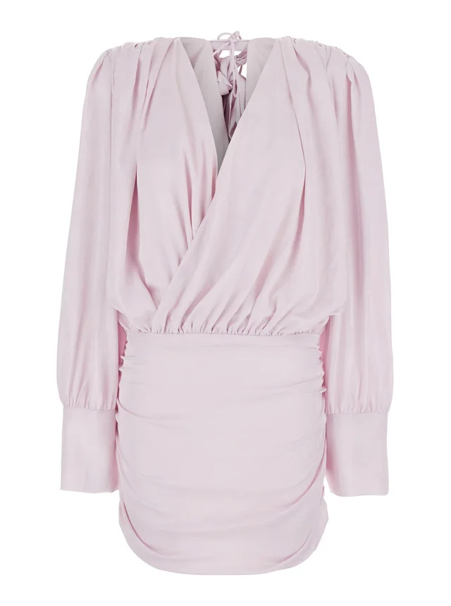 Rotate Dress with Deep V-Neck and Draped Design in Pink Silk for Women in Pink 100% Silk, photo 2 of 6 from Gaudenzi Boutique
