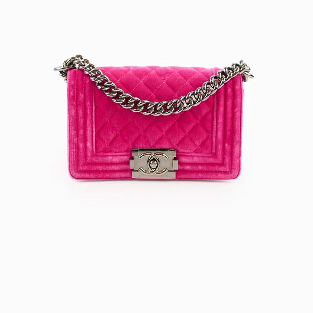 Chanel Small Boy Pink Velvet in Pink Velvet from The Purse Affair