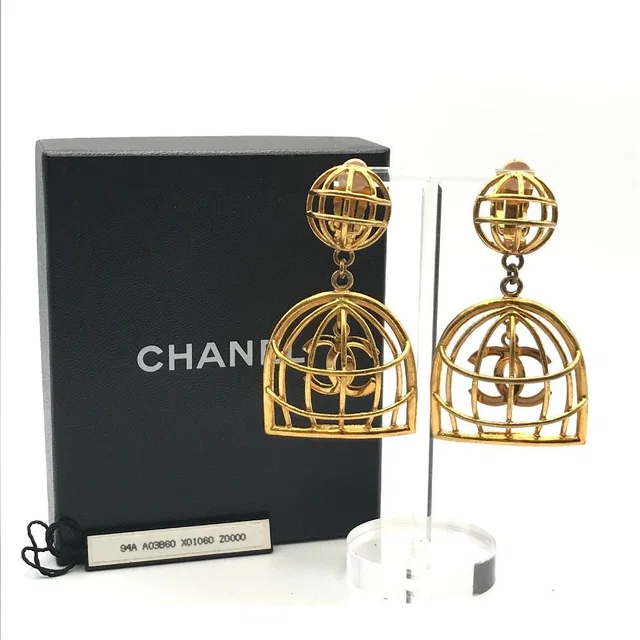 Chanel CC Logo Birdcage Vintage Swing Earrings 2 9 Gold in Gold from The Reluxe