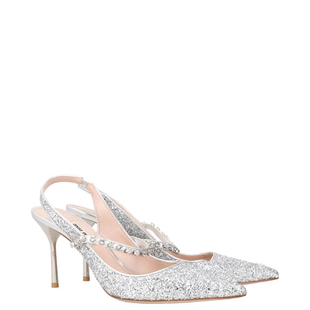 Miu Miu Silver Glitter Pointed-Toe Slingback Pumps in Silver from HEWI