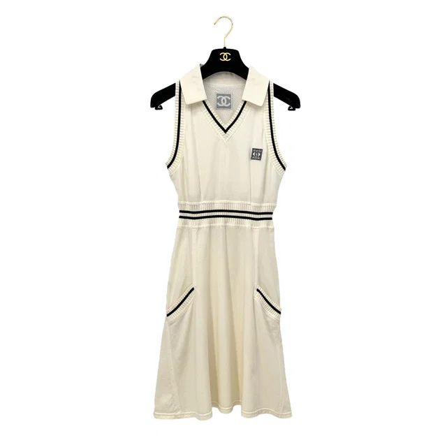 Chanel Vintage Sports Line Cocomark Sleeveless Dress Whiye Cotton 40 Rtw from Luxury Promise