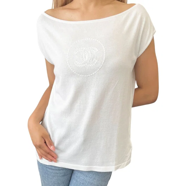 Chanel Vintage 07P CC Logo Summer Knit Top Tank #38 Boat Neck White Sleeveless in White from Luxury Promise