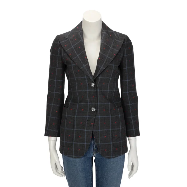 Gucci Check Heart Embroidered Blazer IT 36 in Grey Wool from Blue Spinach