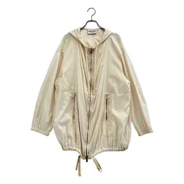 Miu Miu Coating Logo Hooded Jacket Beige 36 in Beige Silk from The Reluxe