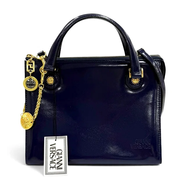 Versace Gianni Vintage Sunburst Chain Decoration 2-Way Leather Handbag Navy in Navy Leather from The Reluxe