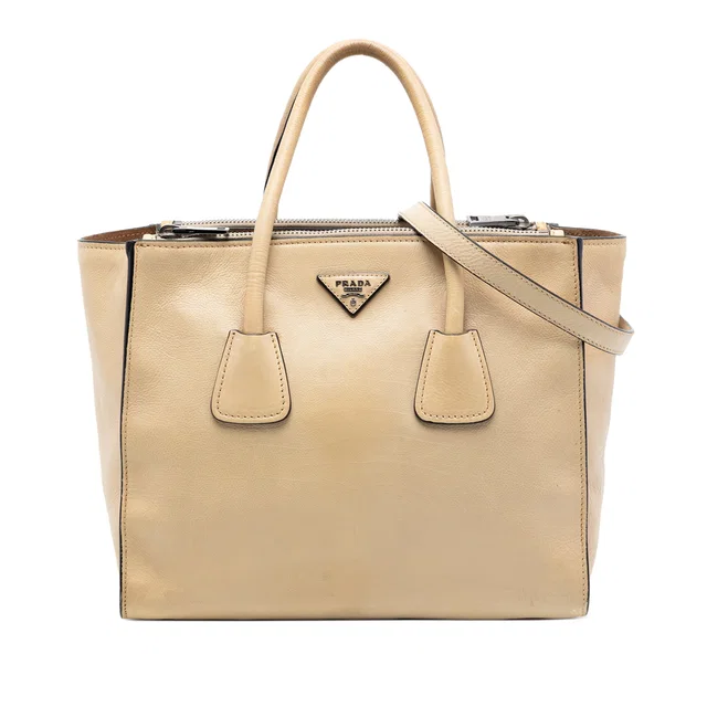 Beige Prada Glace Calf Twin Pocket Double Handle Satchel in Beige Calfskin from Designer Revival