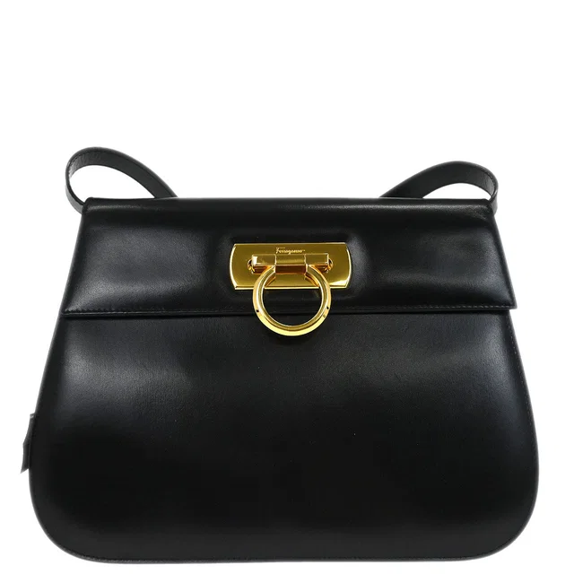 Ferragamo Black Gancini Shoulder Bag in Black Leather from AMORE Vintage Tokyo